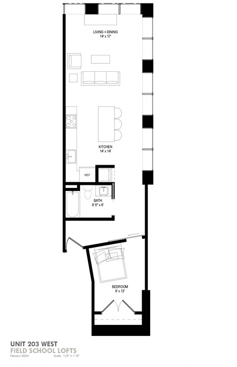 Floor plan for 1 bed, 1 bath